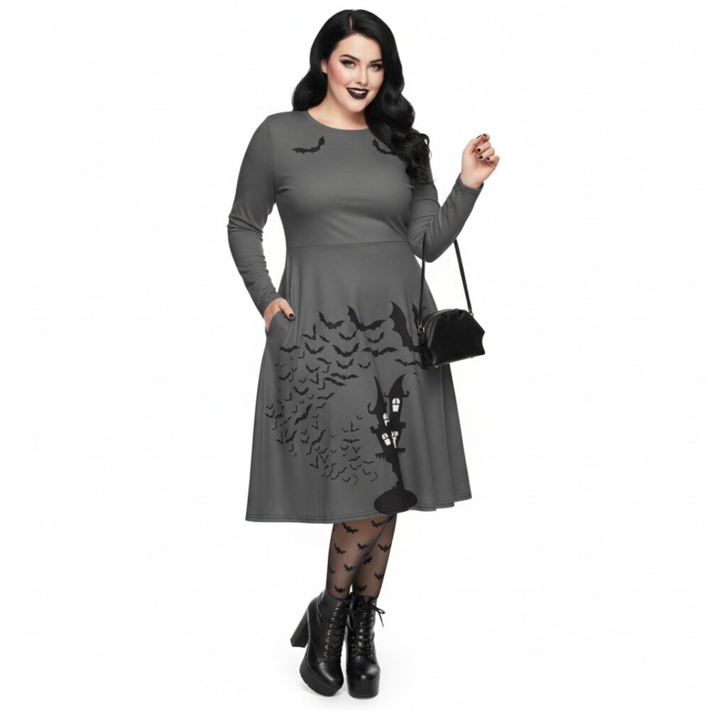 Plus Size Goth Bat Print Long Sleeve Pinup Dress with Pockets